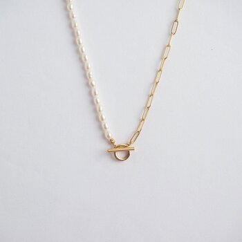 Pearls T-bar Gold Tone Necklace- # Gold